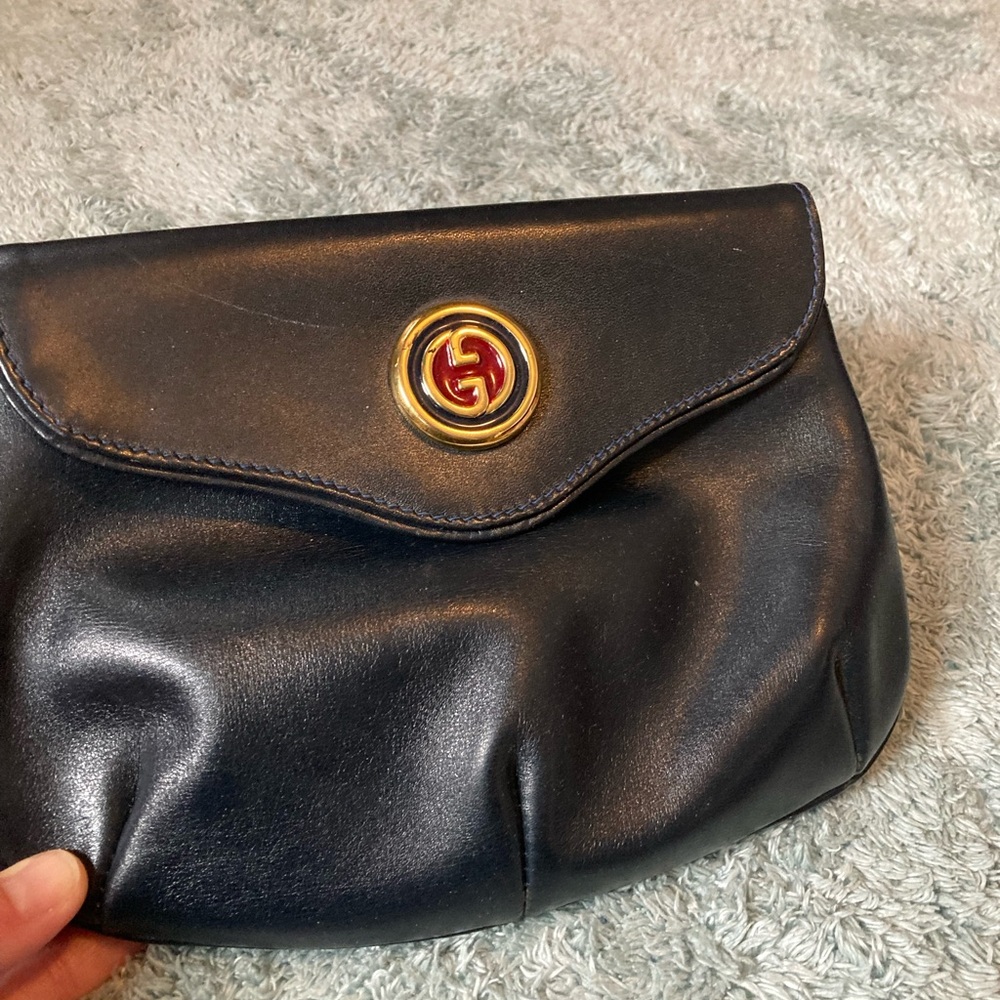 Vintage Gucci Navy Leather Clutch with Gold Emblem